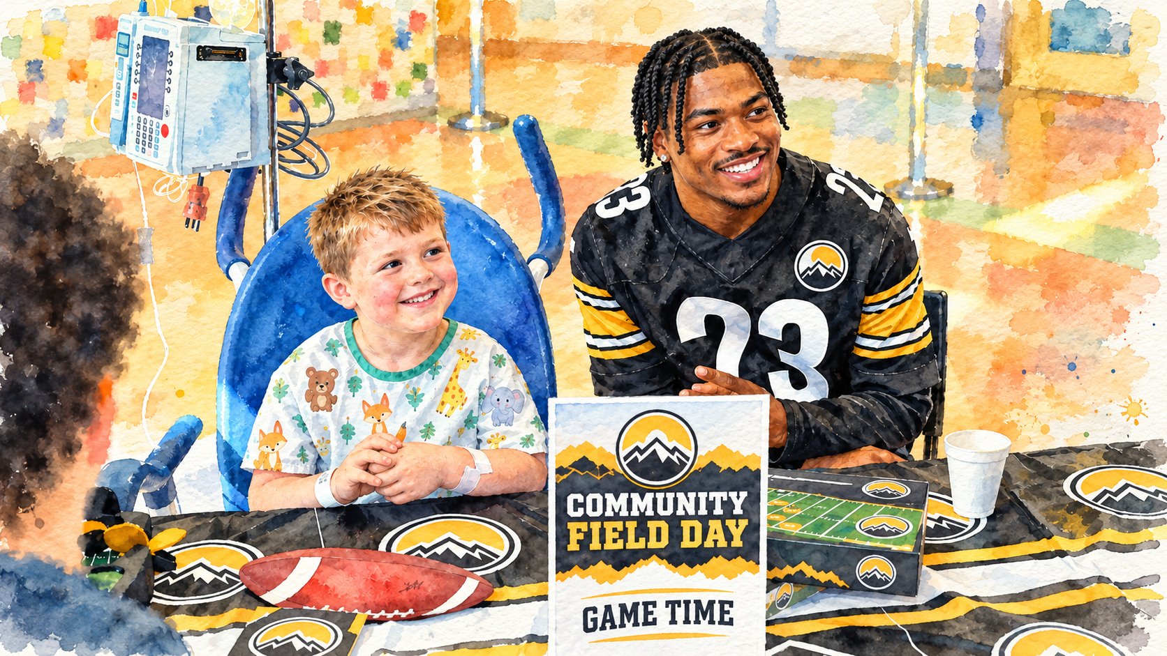 Watercolor illustration of a smiling athlete spending time with a child at a community event